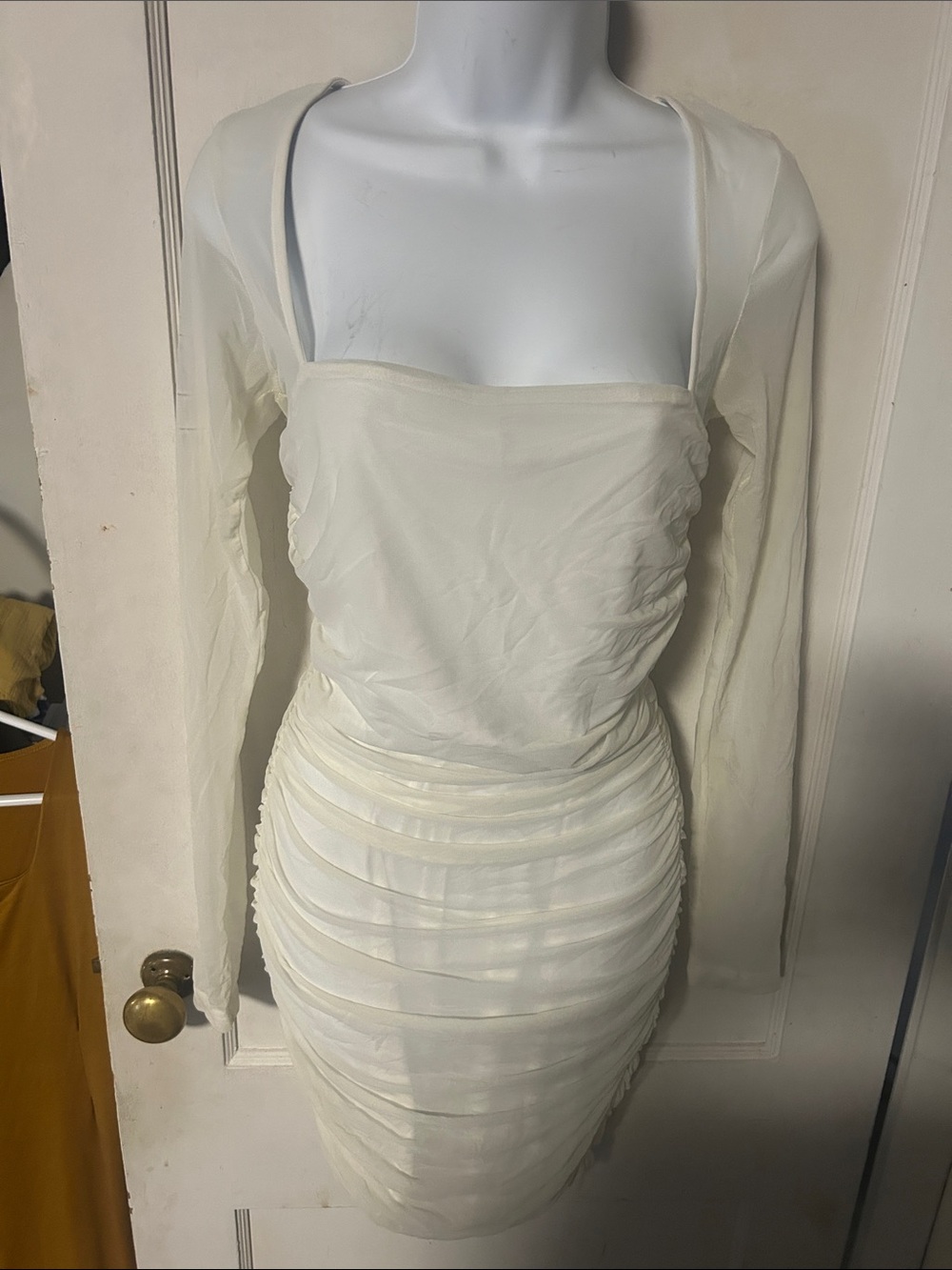 Fashion Nova Cream Ruched Mini Dress with Sheer Shrug